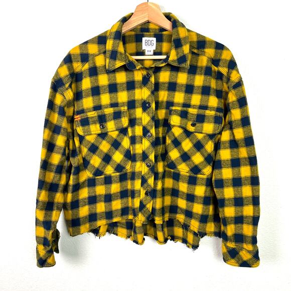 Urban Outfitters BDG UO Yellow and Navy Blue Plaid Cropped Flannel Shirt Medium - Picture 1 of 7